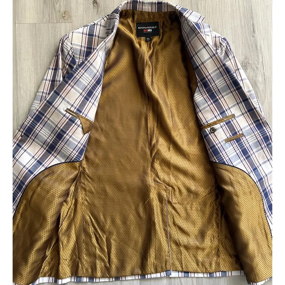 Banana Republic Mad Men Collection Suit Coat/Jacket Blues/Beige Multi Plaid 40S